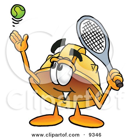 Clipart Picture of a Hard Hat Mascot Cartoon Character Preparing to Hit a Tennis Ball by Mascot Junction