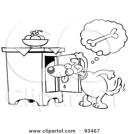 Royalty-Free (RF) Clipart Illustration of an Outlined Toon Dog Searching For A Bone In A Cabinet by gnurf
