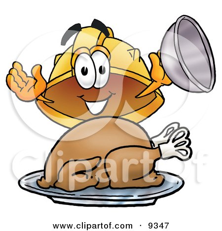 Clipart Picture of a Hard Hat Mascot Cartoon Character Serving a Thanksgiving Turkey on a Platter by Mascot Junction