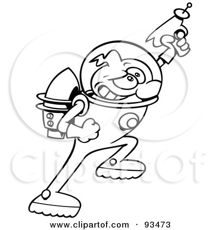 Royalty-Free (RF) Clipart Illustration of an Outlined Space Super Hero Astronaut Toon Guy Holding Up A Ray Gun by gnurf