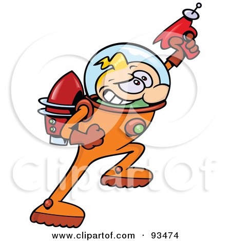 Royalty-Free (RF) Clipart Illustration of a Blond Astronaut Toon Guy Hero Holding Up A Ray Gun by gnurf