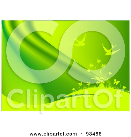 Royalty-Free (RF) Clipart Illustration of a Green Background Of Birds Above Flowers On A Hill by Pushkin
