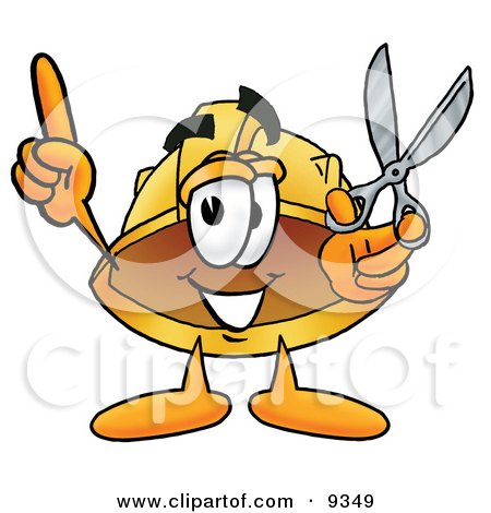 Clipart Picture of a Hard Hat Mascot Cartoon Character Holding a Pair of Scissors by Mascot Junction