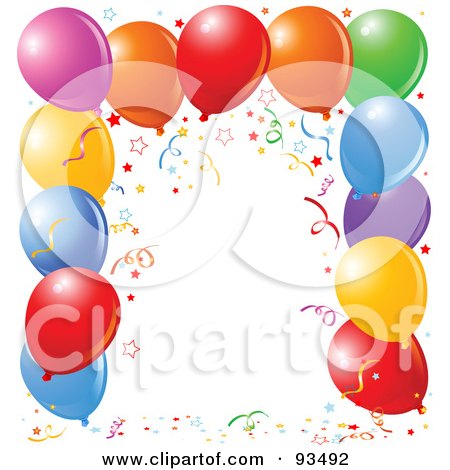 Royalty-Free (RF) Clipart Illustration of a Border Of Colorful Party Balloons With Confetti Over White by Pushkin
