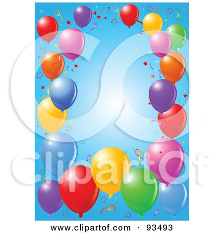 Royalty-Free (RF) Clipart Illustration of a Border Of Colorful Party Balloons And Confetti Ribbons Over Blue by Pushkin