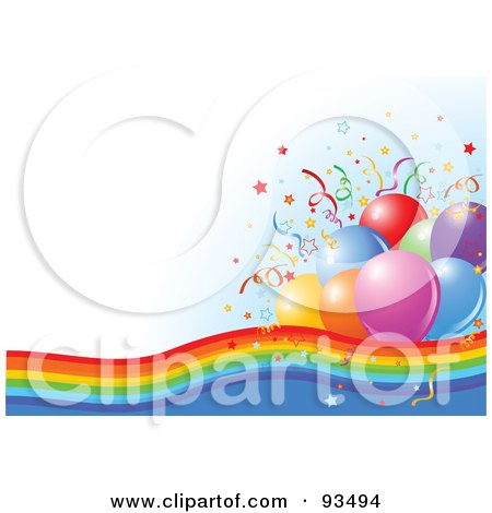Royalty-Free (RF) Clipart Illustration of Confetti And Party Balloons On A Rainbow Over A White And Blue Background by Pushkin