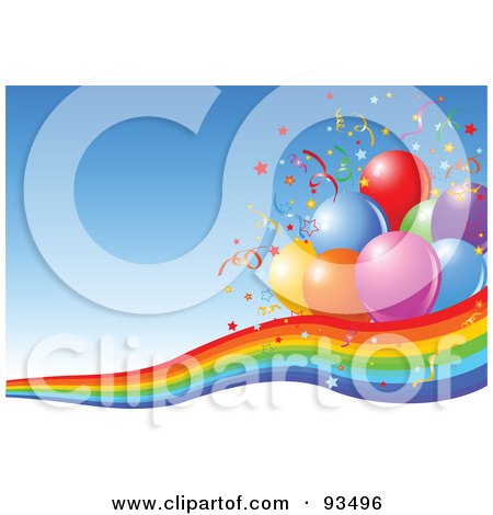Royalty-Free (RF) Clipart Illustration of Confetti And Party Balloons On A Rainbow Over A Blue Background by Pushkin