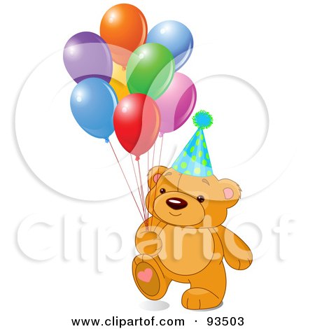 Royalty-Free (RF) Clipart Illustration of a Teddy Bear With Colorful Party Balloons And A Hat by Pushkin