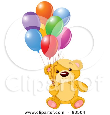 Royalty-Free (RF) Clipart Illustration of a Birthday Teddy Bear With Colorful Party Balloons by Pushkin
