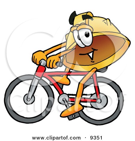 Clipart Picture of a Hard Hat Mascot Cartoon Character Riding a Bicycle by Mascot Junction