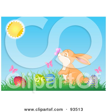 Royalty-Free (RF) Clipart Illustration of a Bunny With Butterflies And Easter Eggs In Grass Under The Sun by Pushkin