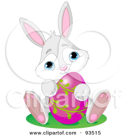 Royalty-Free (RF) Clipart Illustration of an Adorable Gray Bunny With A Pink And Green Easter Egg by Pushkin