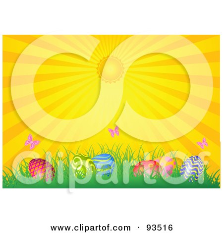 Royalty-Free (RF) Clipart Illustration of an Easter Background Of The Sun Shining Down On Butterflies And Eggs In Grass by Pushkin