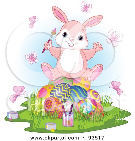 Royalty-Free (RF) Clipart Illustration of an Adorable Easter Bunny With A Paintbrush And Butterflies, Sitting On Eggs by Pushkin
