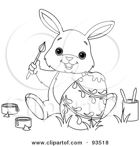 Royalty-Free (RF) Clipart Illustration of an Outlined Easter Bunny Holding A Brush And Painting An Easter Egg by Pushkin
