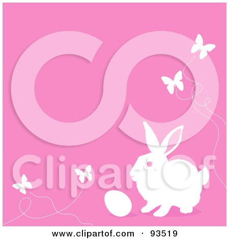 Royalty-Free (RF) Clipart Illustration of a Pink Easter Background Of A White Rabbit, Egg And Butterflies by Pushkin