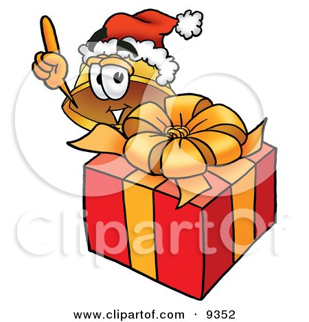 Clipart Picture of a Hard Hat Mascot Cartoon Character Standing by a Christmas Present by Toons4Biz