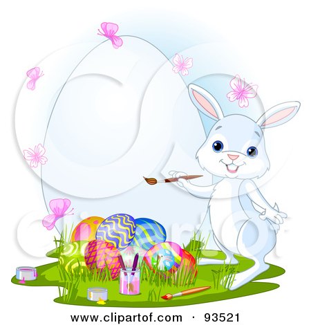 Royalty-Free (RF) Clipart Illustration of Pink Butterflies Around A Bunny Painting A Giant Easter Egg by Pushkin