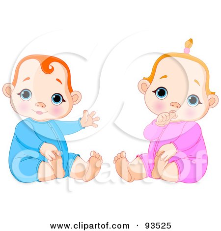 Royalty-Free (RF) Clipart Illustration of a Digital Collage Of A Baby Boy Waving And Baby Girl Sucking Her Thumb by Pushkin
