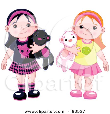 Royalty-Free (RF) Clipart Illustration of a Digital Collage Of Two Cute Little Girls Holding Stuffed Animals by Pushkin