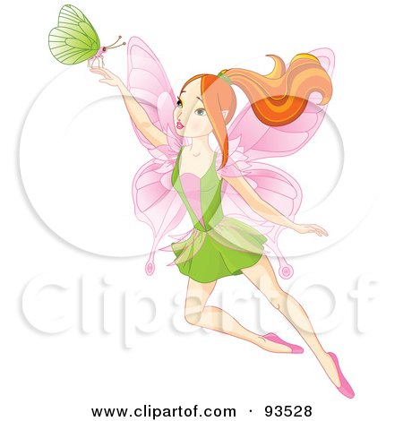 Royalty-Free (RF) Clipart Illustration of a Red Haired Spring Fairy With A Green Butterfly by Pushkin