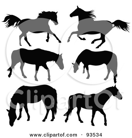 Royalty-Free (RF) Clipart Illustration of a Digital Collage Of Six Running And Grazing Horse Silhouettes by Pushkin