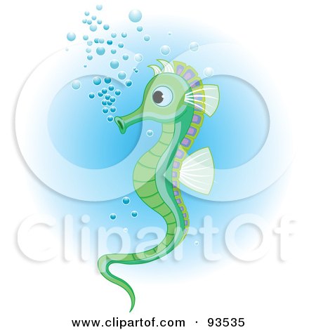 Royalty-Free (RF) Clipart Illustration of a Cute Green Seahorse With Bubbles by Pushkin