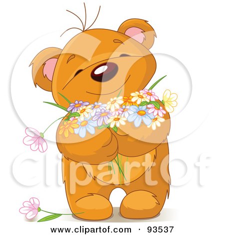 Royalty-Free (RF) Clipart Illustration of a Happy Teddy Bear Holding Spring Flowers by Pushkin