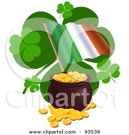Royalty-Free (RF) Clipart Illustration of an Irish Flag With St Patricks Day Clovers And A Pot Of Gold by Pushkin