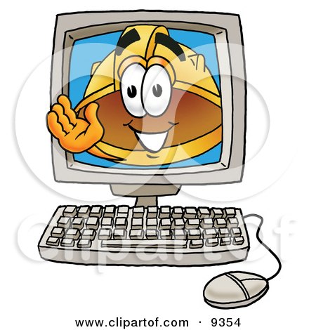 Clipart Picture of a Hard Hat Mascot Cartoon Character Waving From Inside a Computer Screen by Mascot Junction