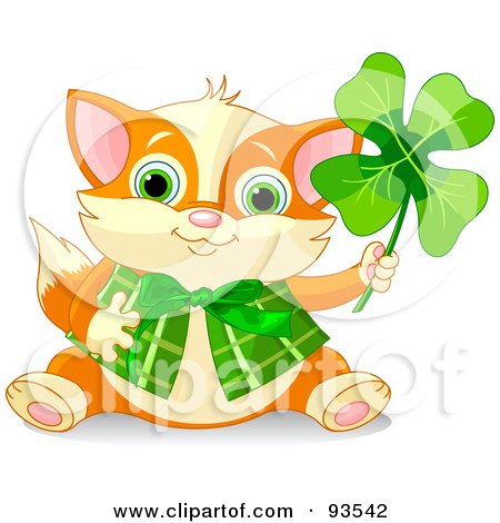 Royalty-Free (RF) Clipart Illustration of a Marmalade St Patricks Day Cat Holding Up A Clover And Wearing A Vest by Pushkin