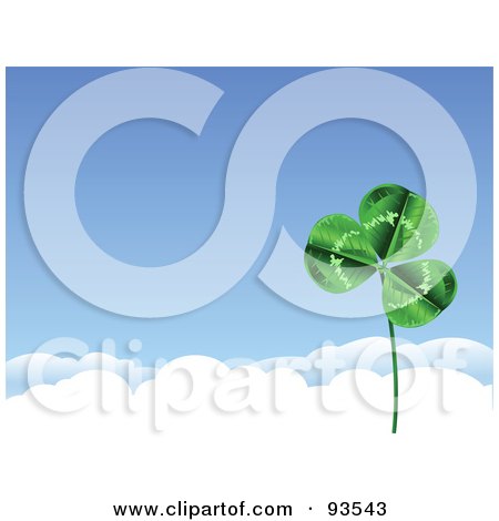 Royalty-Free (RF) Clipart Illustration of a St Patricks Day Clover Against A Blue Sky With White Clouds by Pushkin