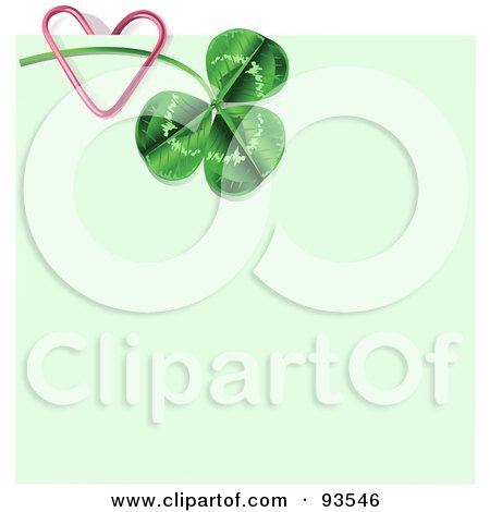 Royalty-Free (RF) Clipart Illustration of a Heart Paperclip Attaching A St Patricks Day Clover To A Green Memo by Pushkin
