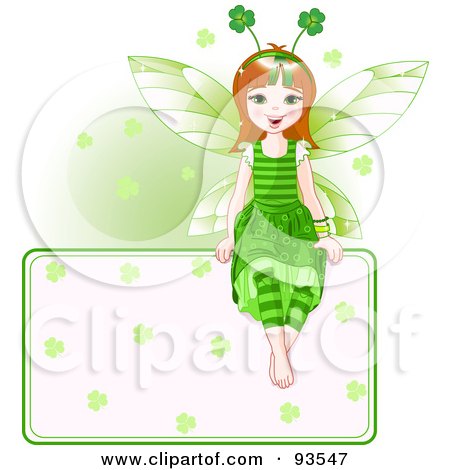 Royalty-Free (RF) Clipart Illustration of a Happy St Patricks Day Fairy Girl Sitting On A Blank Sign by Pushkin