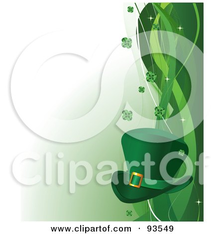 Royalty-Free (RF) Clipart Illustration of a St Patricks Day Background With A Green Leprechaun Hat, Clovers And Swooshes Over White by Pushkin