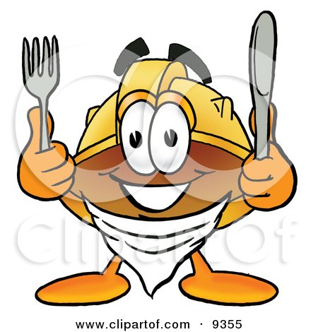 Clipart Picture of a Hard Hat Mascot Cartoon Character Holding a Knife and Fork by Mascot Junction