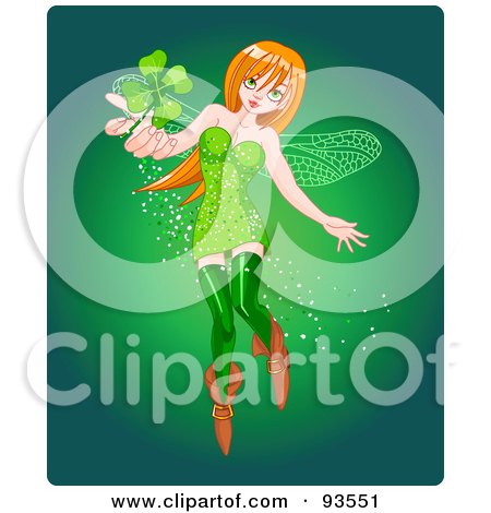 Royalty-Free (RF) Clipart Illustration of a St Patricks Day Pixie Woman Holding Out A Clover by Pushkin