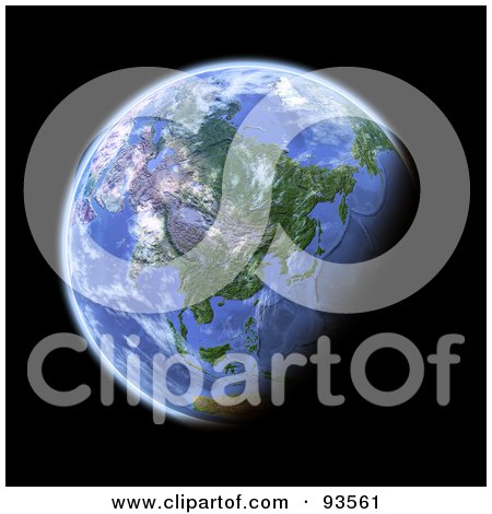 Royalty-Free (RF) Clipart Illustration of a 3d Globe, Centered On Asia, As Seen From Space, On Black by Michael Schmeling
