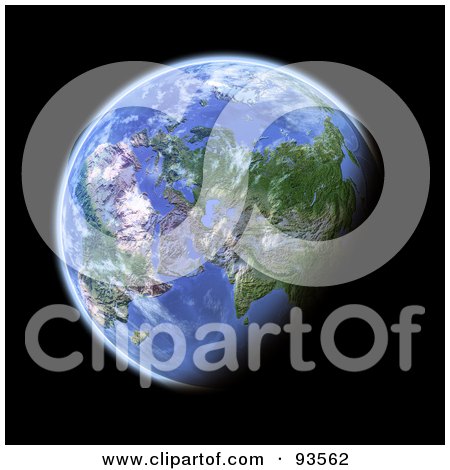 Royalty-Free (RF) Clipart Illustration of a 3d Globe, Centered On The Near East, As Seen From Space, On Black by Michael Schmeling
