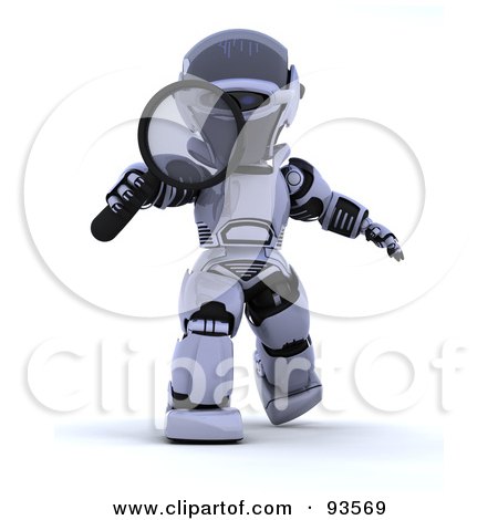 Royalty-Free (RF) Clipart Illustration of a 3d Silver Robot Walking Forward With A Magnifying Glass by KJ Pargeter