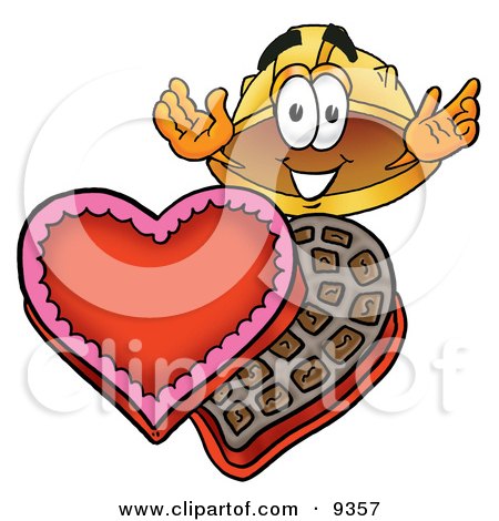 Clipart Picture of a Hard Hat Mascot Cartoon Character With an Open Box of Valentines Day Chocolate Candies by Mascot Junction