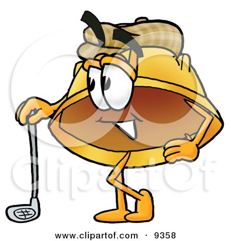 Clipart Picture of a Hard Hat Mascot Cartoon Character Leaning on a Golf Club While Golfing by Toons4Biz
