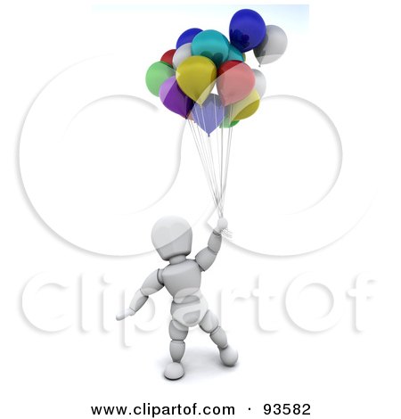 Royalty-Free (RF) Clipart Illustration of a 3d White Character Holding Onto A Large Bunch Of Colorful Party Balloons by KJ Pargeter