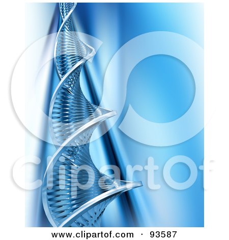 Royalty-Free (RF) Clipart Illustration of a Twisting Chrome DNA Strand Over Blue by KJ Pargeter