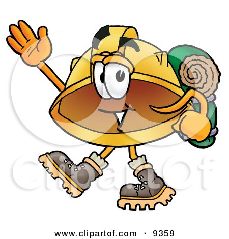 Clipart Picture of a Hard Hat Mascot Cartoon Character Hiking and Carrying a Backpack by Mascot Junction