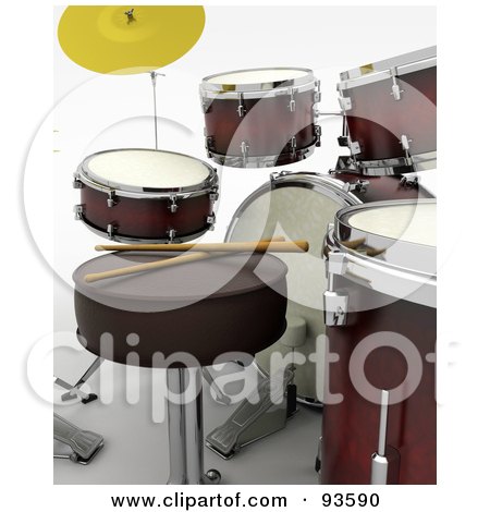 Royalty-Free (RF) Clipart Illustration of a Scene Of Drumsticks On A Bench By A Drum Set by KJ Pargeter