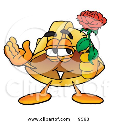 Clipart Picture of a Hard Hat Mascot Cartoon Character Holding a Red Rose on Valentines Day by Mascot Junction