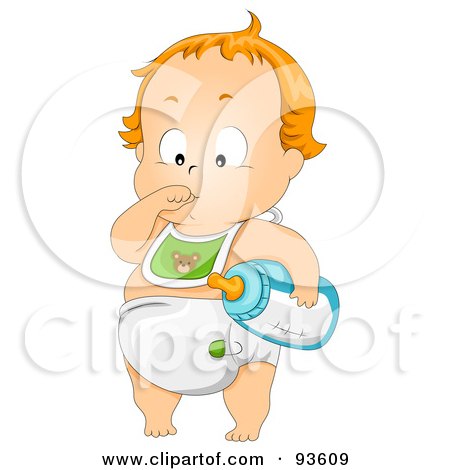 Royalty-Free (RF) Clipart Illustration of a Baby Boy In A Bib And Diaper, Sucking His Thumb And Carrying A Bottle by BNP Design Studio