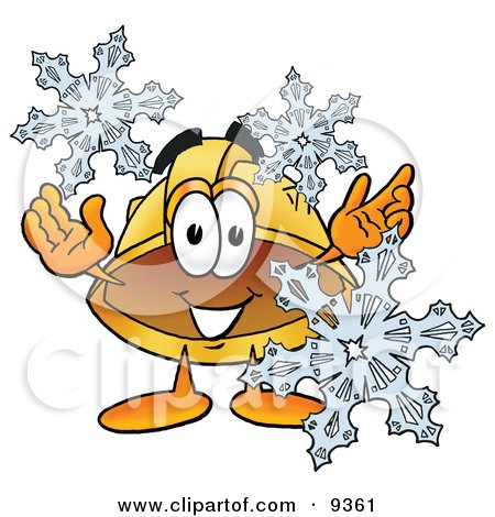 Clipart Picture of a Hard Hat Mascot Cartoon Character With Three Snowflakes in Winter by Mascot Junction