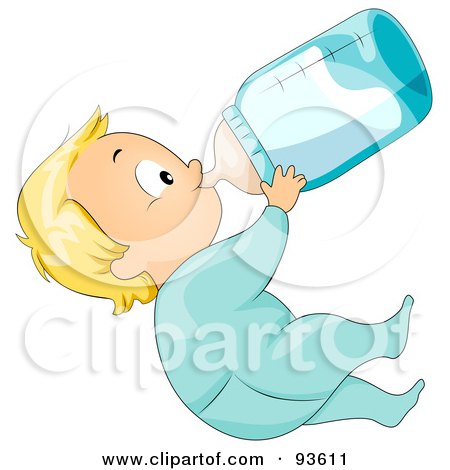 Royalty-Free (RF) Clipart Illustration of a Baby Boy In A Onesie, Leaning Back And Drinking From A Bottle by BNP Design Studio